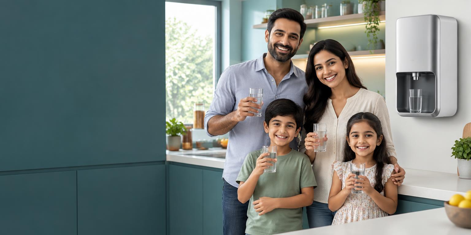घर में RO वाटर प्यूरीफायर के साथ परिवार